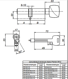 Механизм цилиндровый Premier XR-110(50С/60)-C15-NI #170954